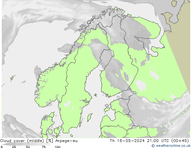 oblačnosti uprostřed Arpege-eu Čt 16.05.2024 21 UTC