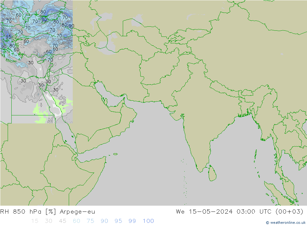 RH 850 hPa Arpege-eu 星期三 15.05.2024 03 UTC