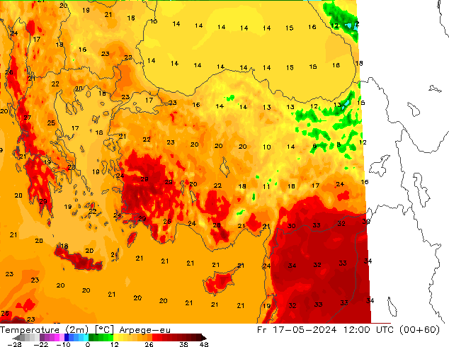Temperatuurkaart (2m) Arpege-eu vr 17.05.2024 12 UTC