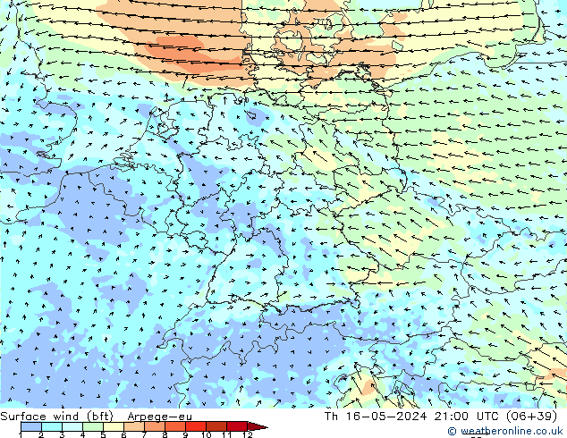Surface wind (bft) Arpege-eu Th 16.05.2024 21 UTC