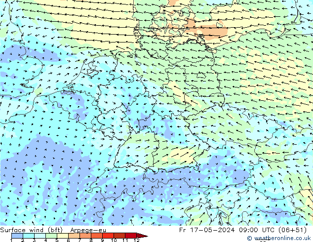 Surface wind (bft) Arpege-eu Fr 17.05.2024 09 UTC