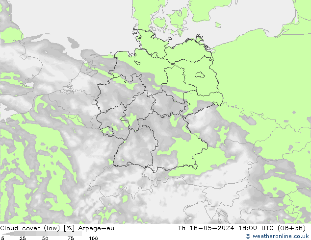 Cloud cover (low) Arpege-eu Th 16.05.2024 18 UTC