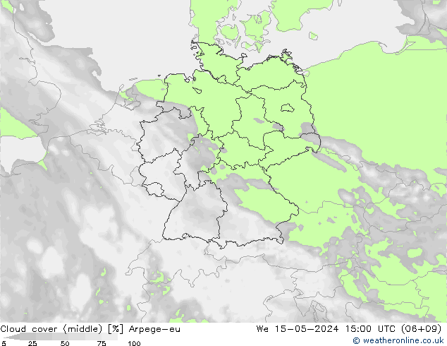 Cloud cover (middle) Arpege-eu We 15.05.2024 15 UTC