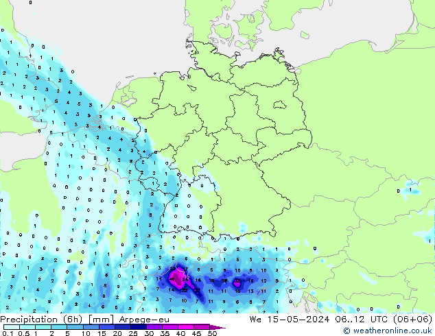 降水量 (6h) Arpege-eu 星期三 15.05.2024 12 UTC
