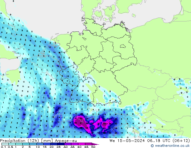 Precipitación (12h) Arpege-eu mié 15.05.2024 18 UTC