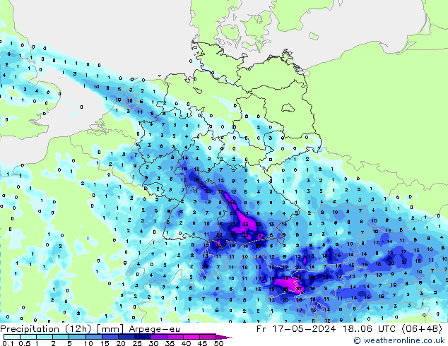 Totale neerslag (12h) Arpege-eu vr 17.05.2024 06 UTC