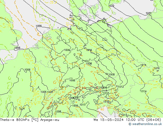 Theta-e 850hPa Arpege-eu 星期三 15.05.2024 12 UTC