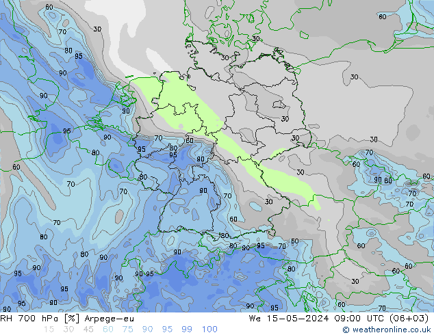 RH 700 hPa Arpege-eu 星期三 15.05.2024 09 UTC