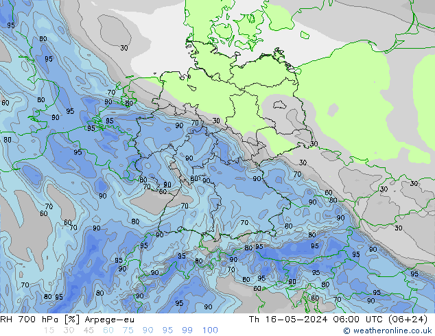 RH 700 hPa Arpege-eu  16.05.2024 06 UTC