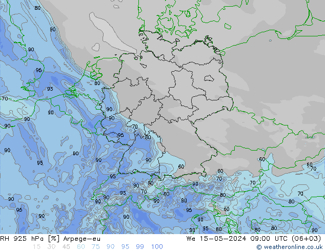 RH 925 гПа Arpege-eu ср 15.05.2024 09 UTC