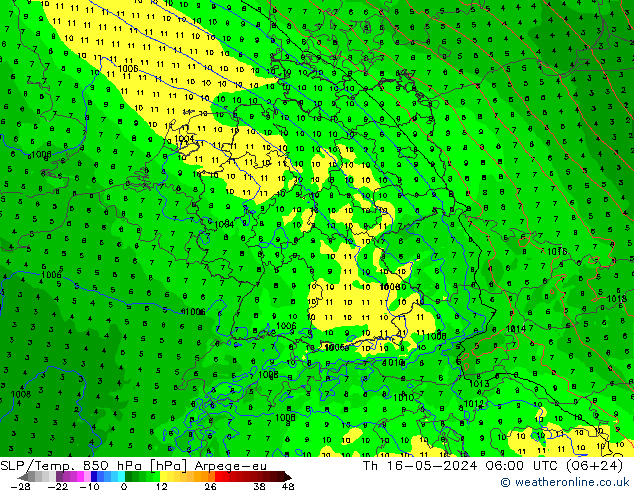 SLP/Temp. 850 hPa Arpege-eu 星期四 16.05.2024 06 UTC