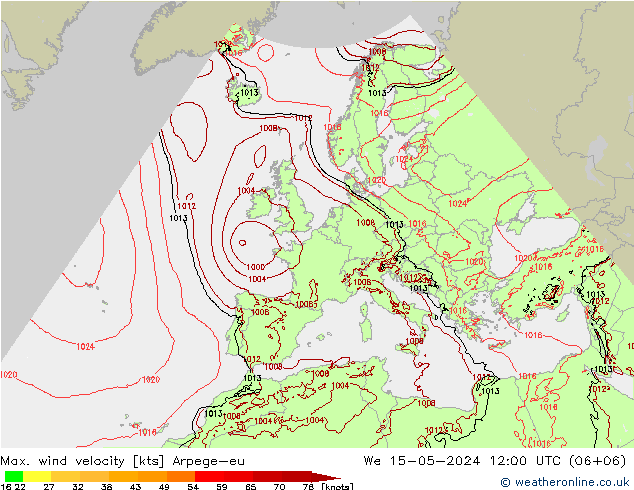 Max. wind velocity Arpege-eu śro. 15.05.2024 12 UTC