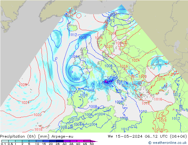 Precipitazione (6h) Arpege-eu mer 15.05.2024 12 UTC