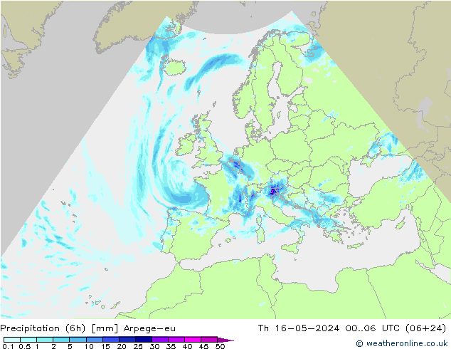 降水量 (6h) Arpege-eu 星期四 16.05.2024 06 UTC