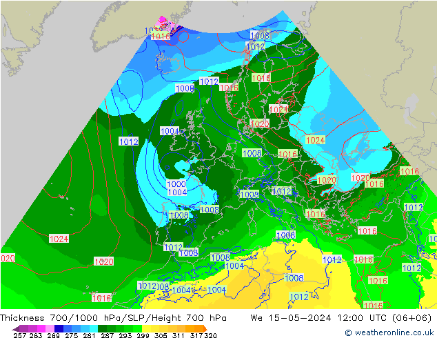 Thck 700-1000 hPa Arpege-eu śro. 15.05.2024 12 UTC