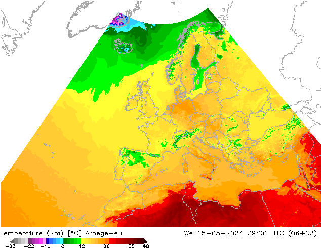 Sıcaklık Haritası (2m) Arpege-eu Çar 15.05.2024 09 UTC