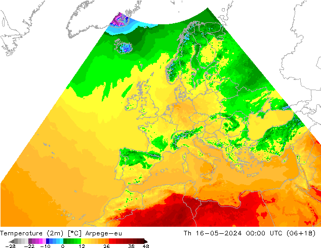 Temperatura (2m) Arpege-eu gio 16.05.2024 00 UTC