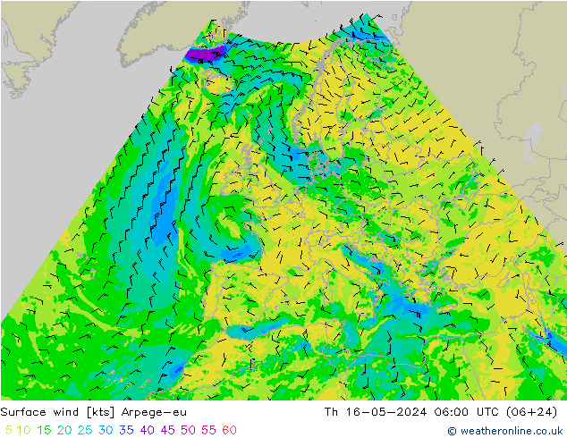 Surface wind Arpege-eu Čt 16.05.2024 06 UTC