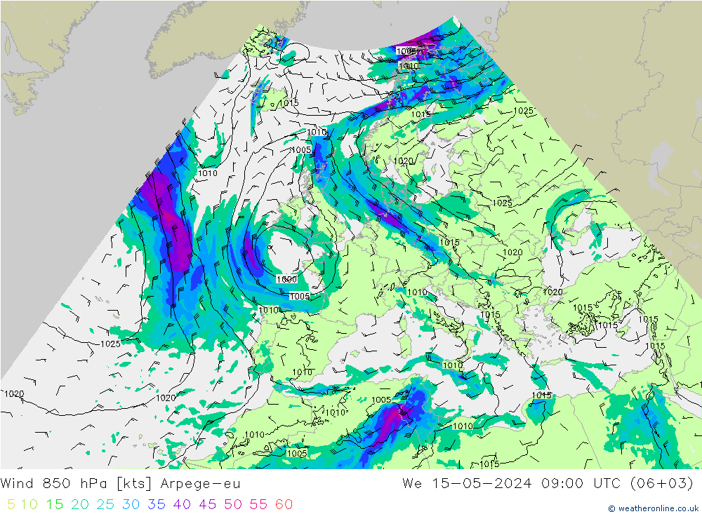Wind 850 hPa Arpege-eu wo 15.05.2024 09 UTC