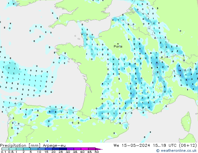 Precipitation Arpege-eu We 15.05.2024 18 UTC
