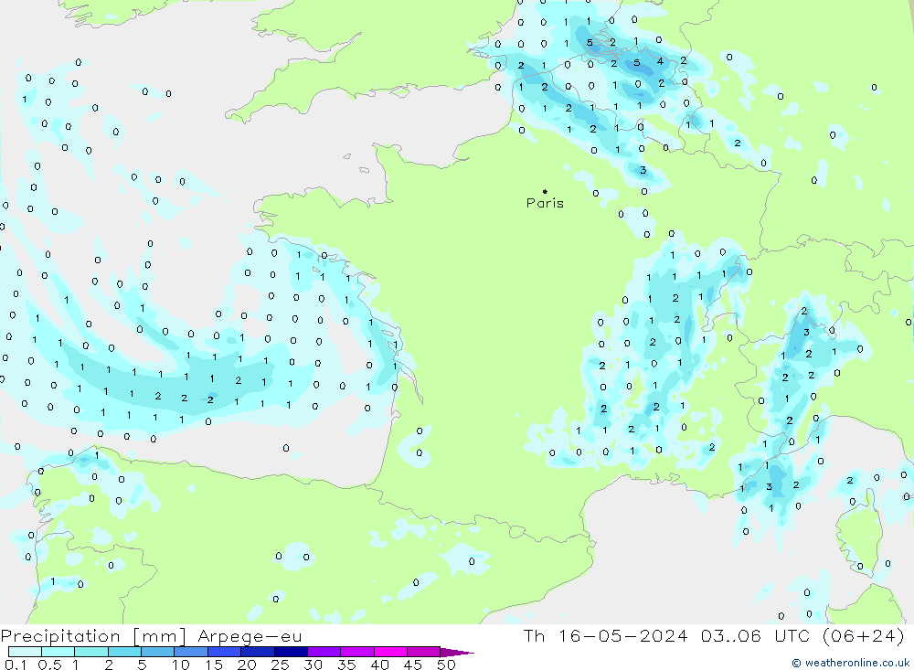 Srážky Arpege-eu Čt 16.05.2024 06 UTC