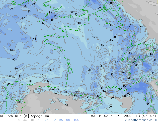 Humidité rel. 925 hPa Arpege-eu mer 15.05.2024 12 UTC