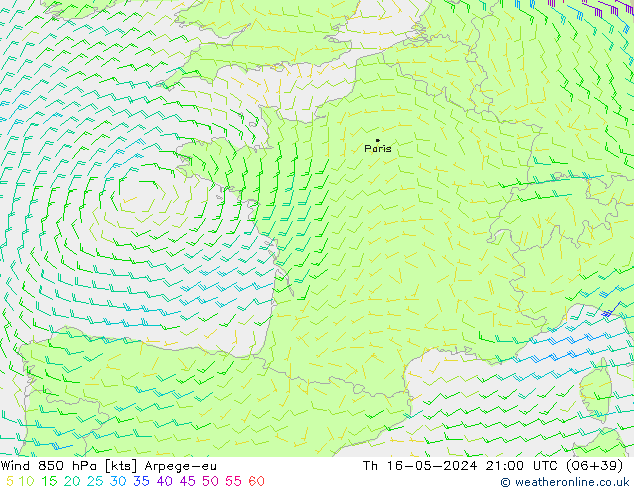 Wind 850 hPa Arpege-eu Th 16.05.2024 21 UTC