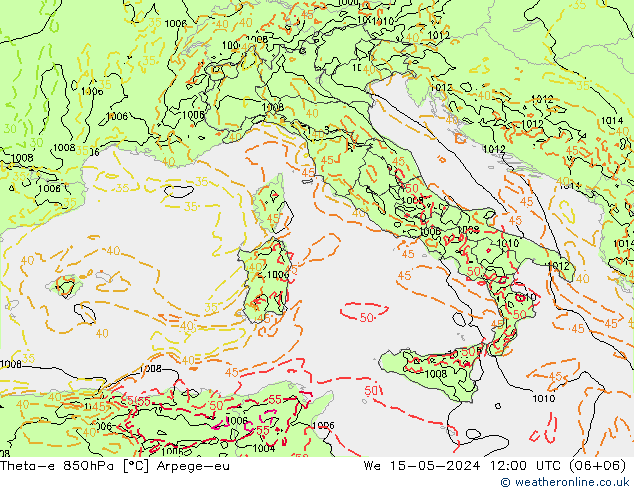 Theta-e 850hPa Arpege-eu mer 15.05.2024 12 UTC