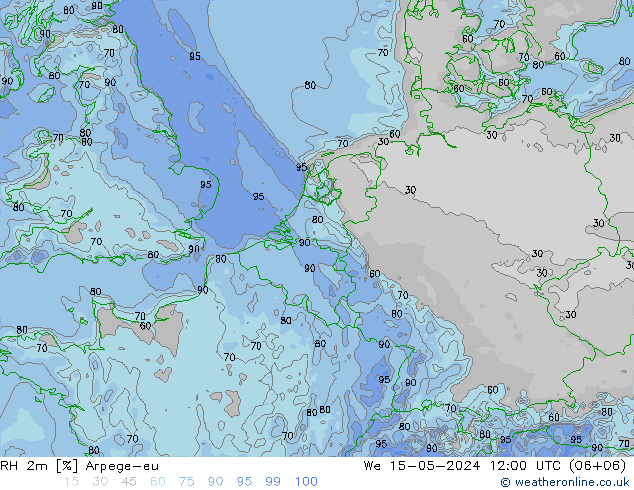 Humidité rel. 2m Arpege-eu mer 15.05.2024 12 UTC