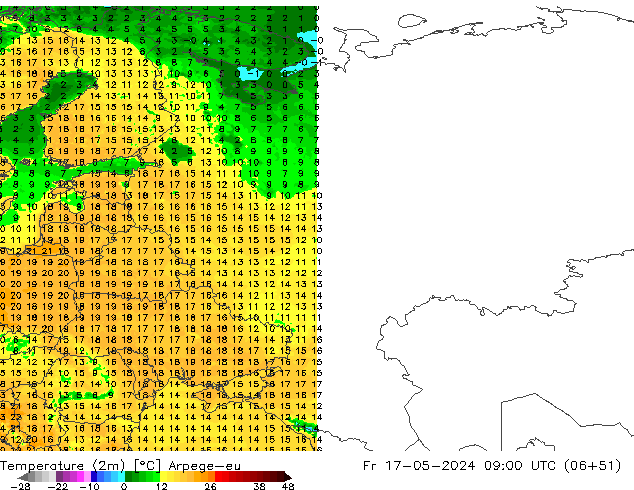 Temperatuurkaart (2m) Arpege-eu vr 17.05.2024 09 UTC