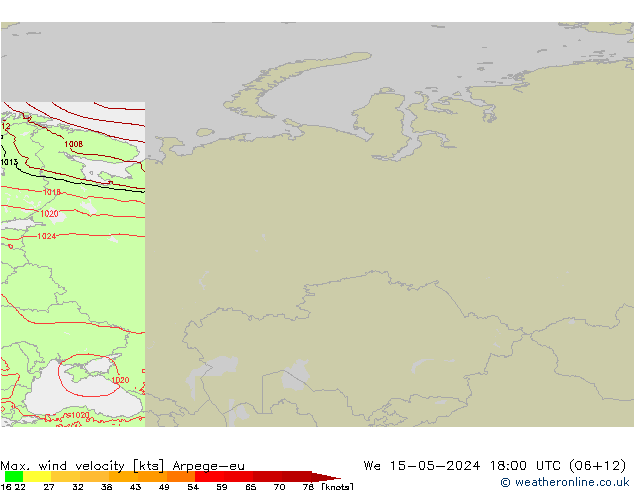 Max. wind velocity Arpege-eu śro. 15.05.2024 18 UTC