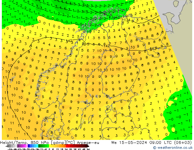 Height/Temp. 850 hPa Arpege-eu 星期三 15.05.2024 09 UTC