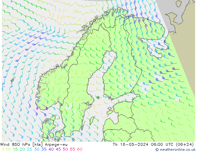 Wind 850 hPa Arpege-eu Th 16.05.2024 06 UTC