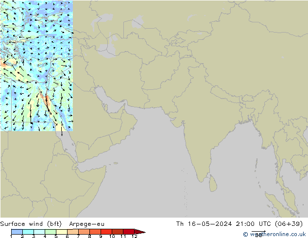 Surface wind (bft) Arpege-eu Čt 16.05.2024 21 UTC
