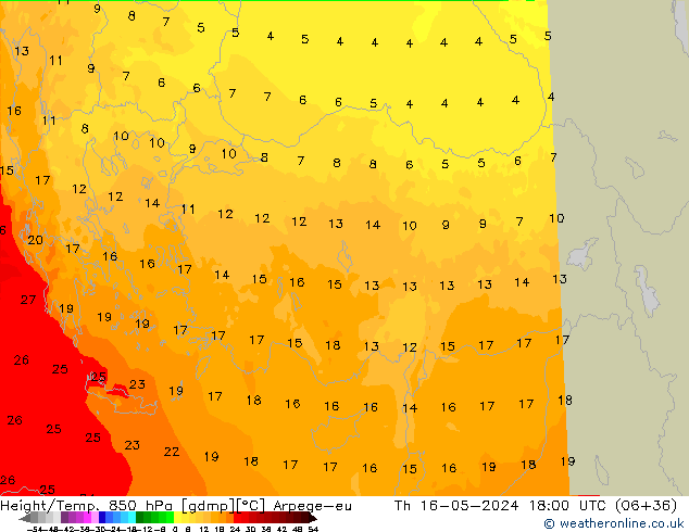 Height/Temp. 850 hPa Arpege-eu Qui 16.05.2024 18 UTC