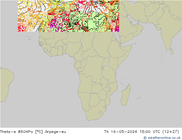 Theta-e 850hPa Arpege-eu Čt 16.05.2024 15 UTC