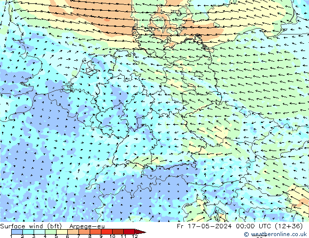 Vento 10 m (bft) Arpege-eu Sex 17.05.2024 00 UTC