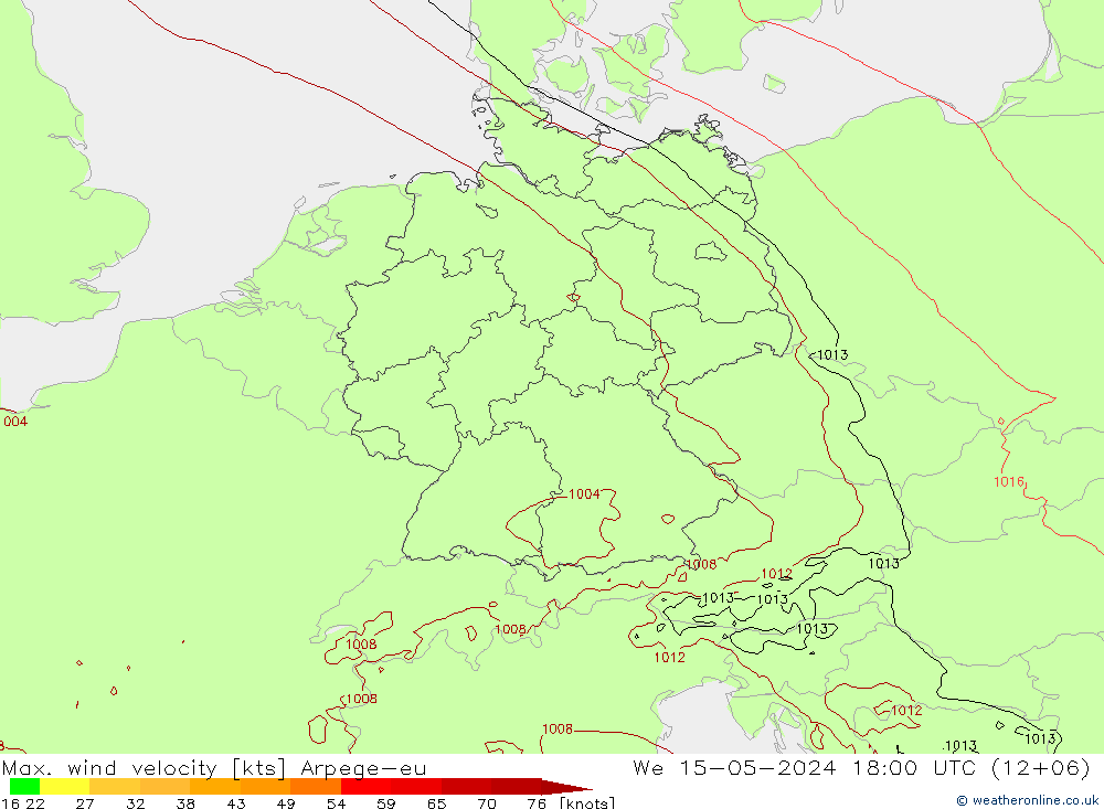 Max. wind velocity Arpege-eu St 15.05.2024 18 UTC
