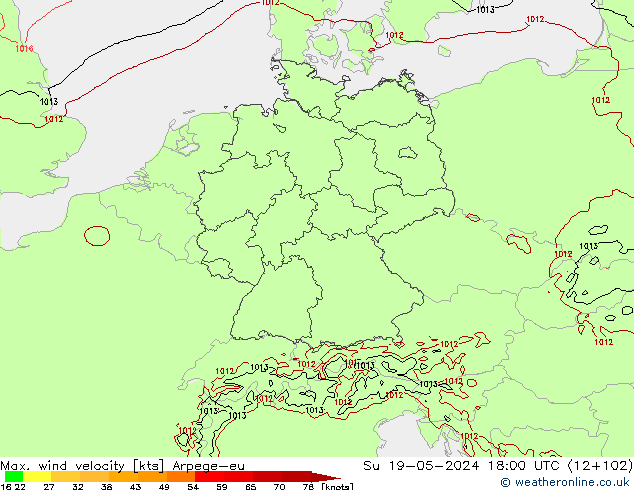 Max. wind velocity Arpege-eu dom 19.05.2024 18 UTC