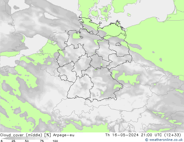 oblačnosti uprostřed Arpege-eu Čt 16.05.2024 21 UTC