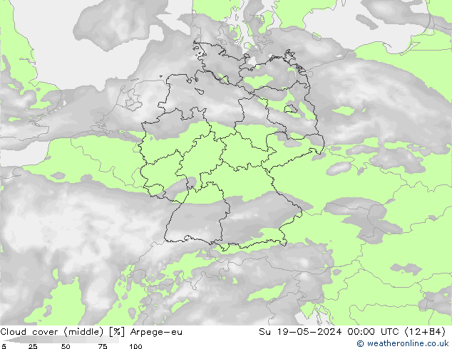 Cloud cover (middle) Arpege-eu Su 19.05.2024 00 UTC