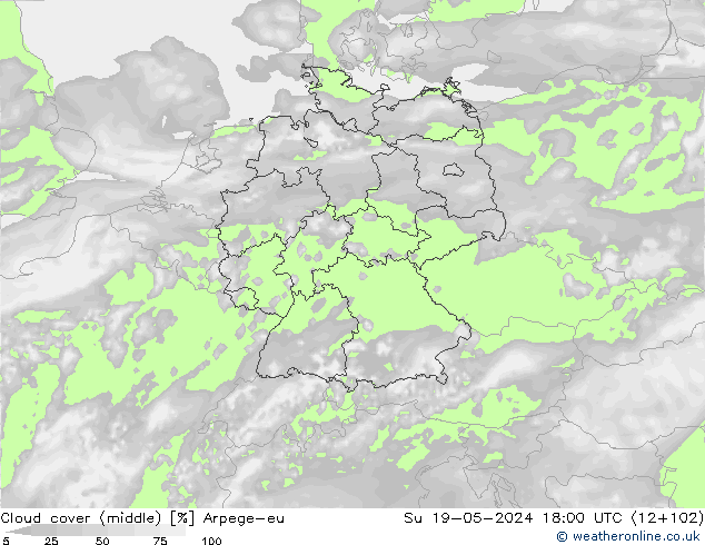 Cloud cover (middle) Arpege-eu Su 19.05.2024 18 UTC