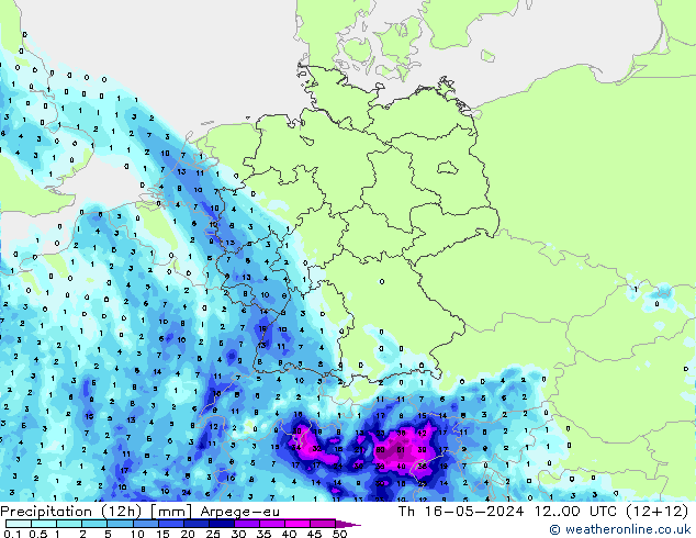 Precipitación (12h) Arpege-eu jue 16.05.2024 00 UTC