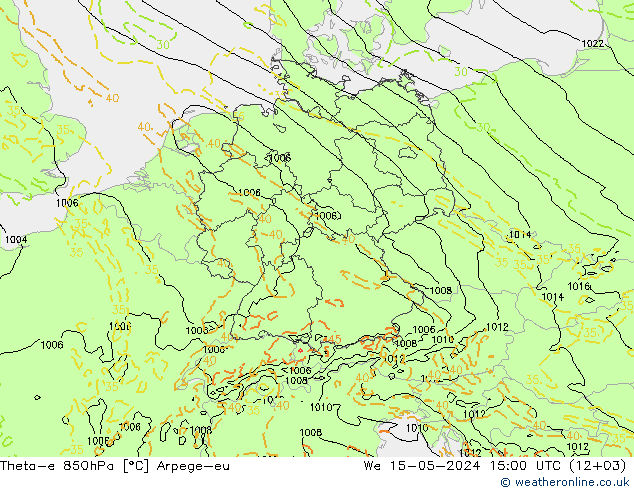 Theta-e 850hPa Arpege-eu mié 15.05.2024 15 UTC