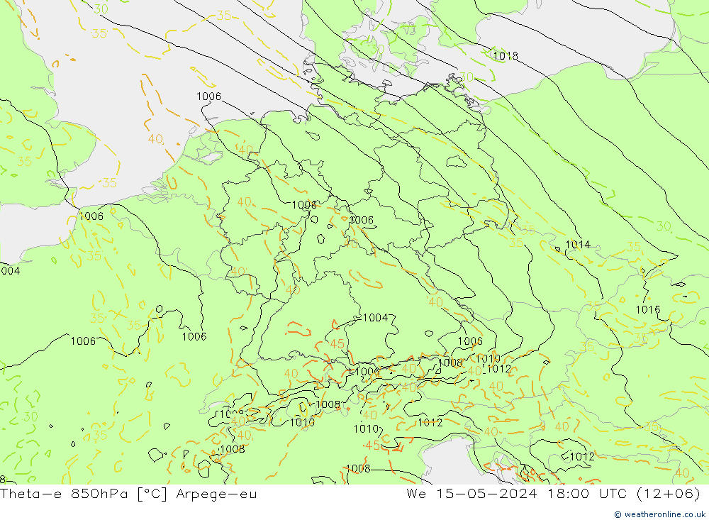 Theta-e 850hPa Arpege-eu 星期三 15.05.2024 18 UTC