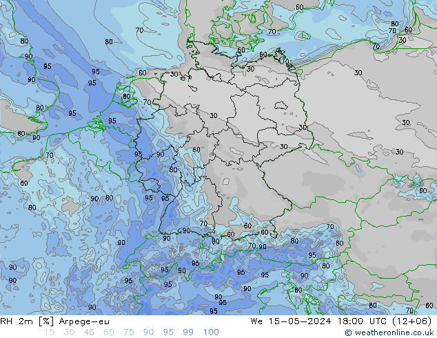 RH 2m Arpege-eu Qua 15.05.2024 18 UTC