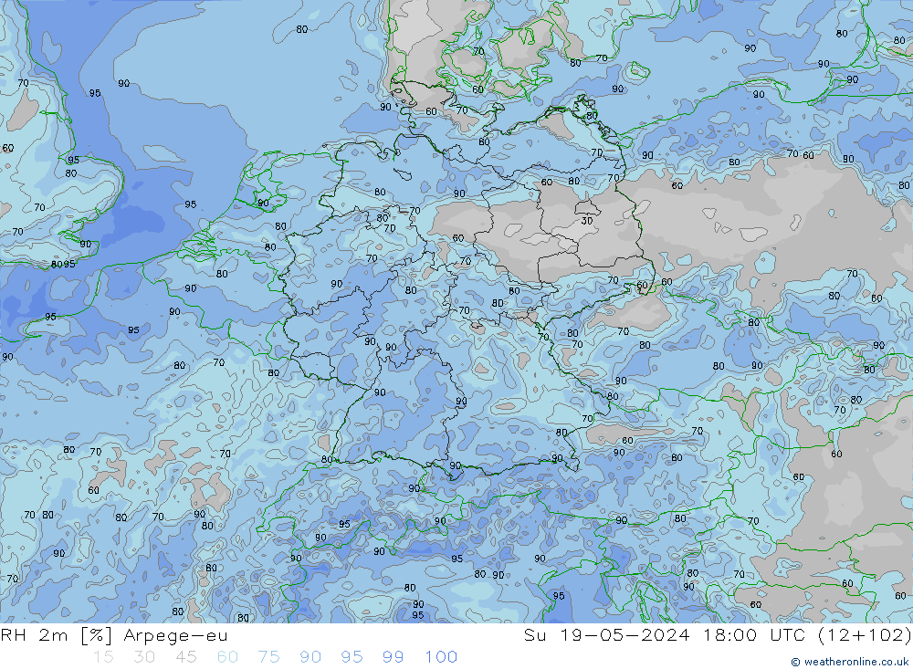 Humedad rel. 2m Arpege-eu dom 19.05.2024 18 UTC