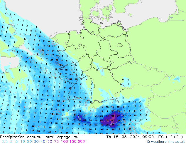 Precipitation accum. Arpege-eu Th 16.05.2024 09 UTC