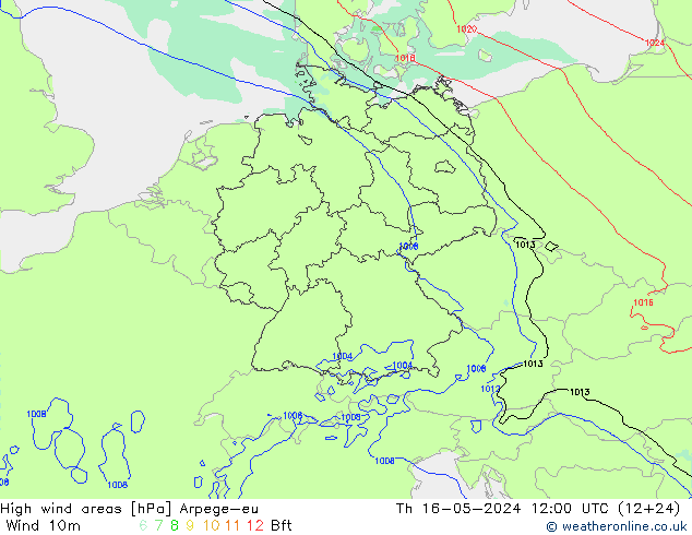 High wind areas Arpege-eu Th 16.05.2024 12 UTC