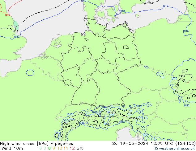 High wind areas Arpege-eu Su 19.05.2024 18 UTC
